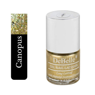 DeBelle Gel Nail Polish Canopus (Beige Gold with Black Glitter Nail Paint)|Non UV - Gel Finish |Chip Resistant | Seaweed Enriched Formula| Long Lasting|Cruelty and Toxic Free| 8ml